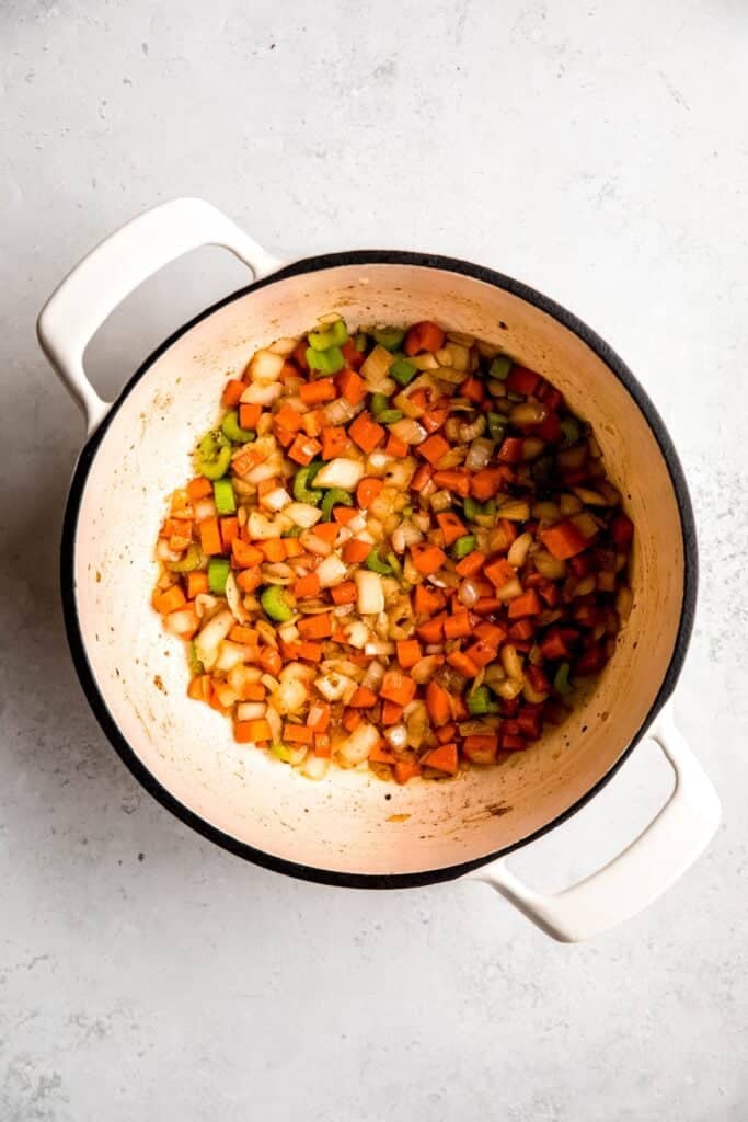 aromatic mirepoix added to the dutch oven and sautéed until golden.