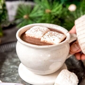 hand clad in a white sweater up to the knuckles grabbing a white ceramic mug filled with aztec hot chocolate topped with two homemade marshmallows and a sprinkle of chili powder from a hammered metal tray in front of pine sprigs.