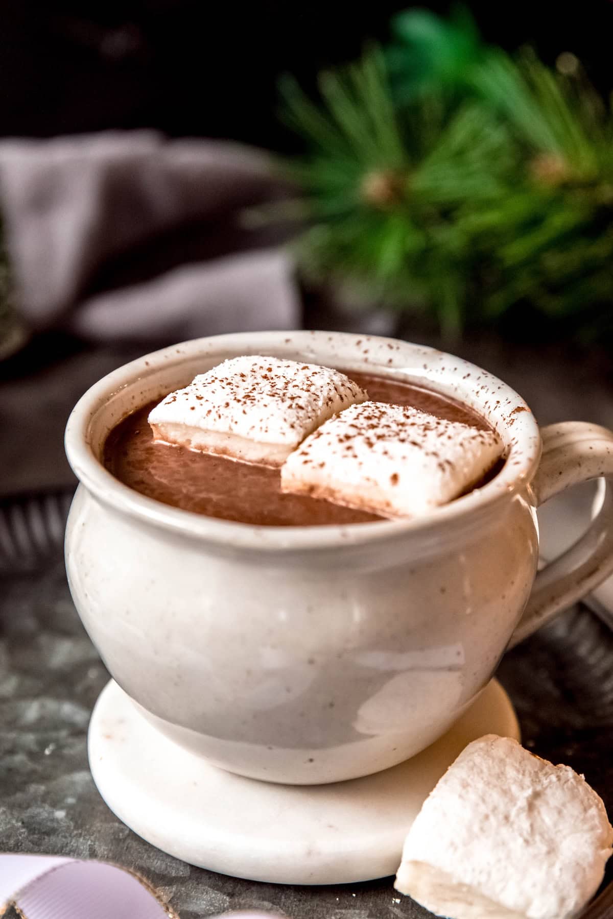 white ceramic mug of spicy hot chocolate on a white coaster on a black hammered metal serving tray with a homemade marshmallow leaning against the base of the cup and pine sprigs and a dark grey linen blurred out in a dark moody background.