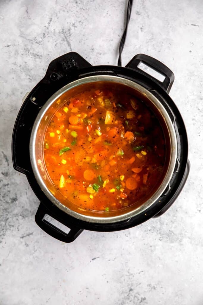 frozen vegetables after simmering in the instant pot vegetable soup base.
