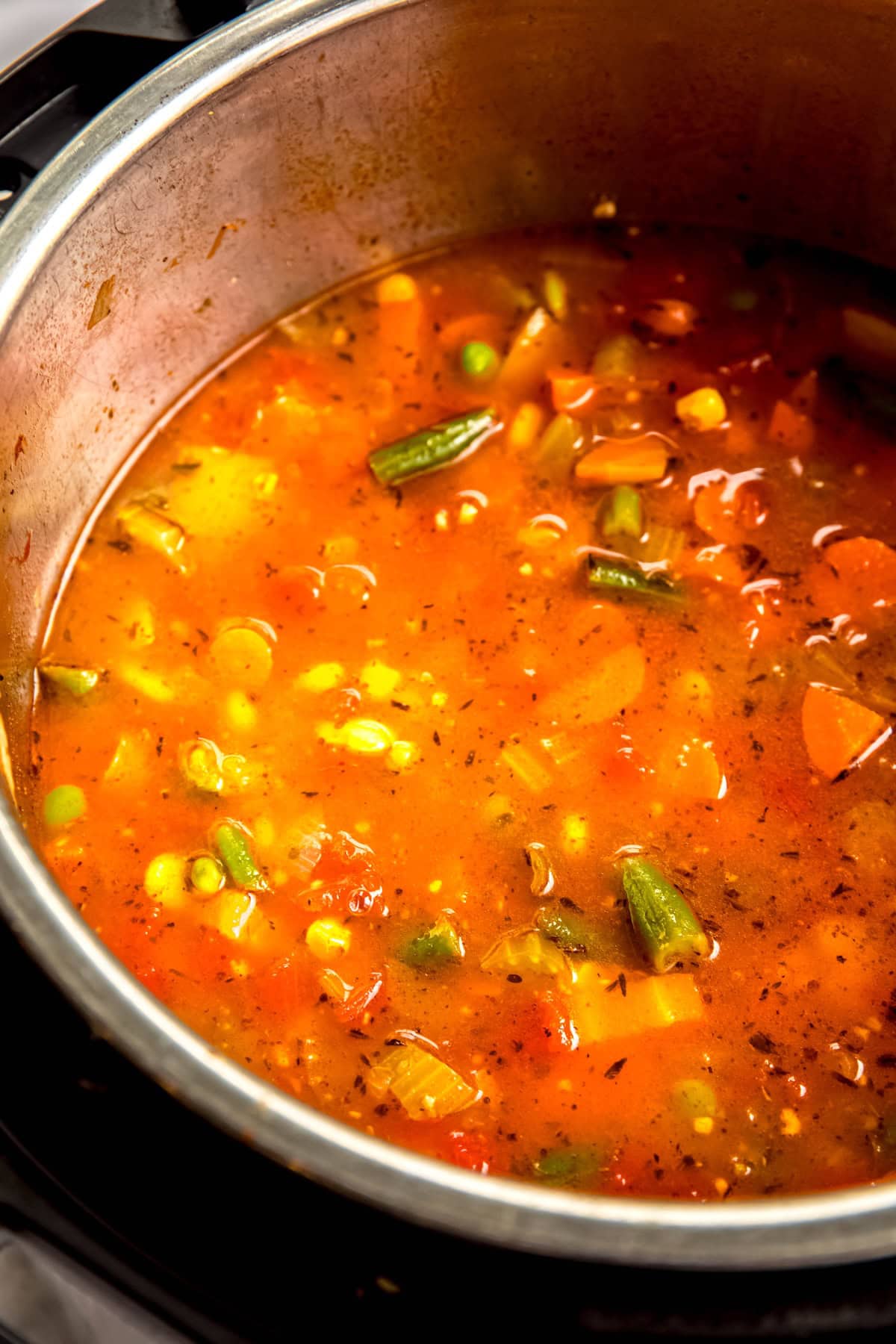 closeup shot of vegetable soup made with frozen veggies in the instant pot.