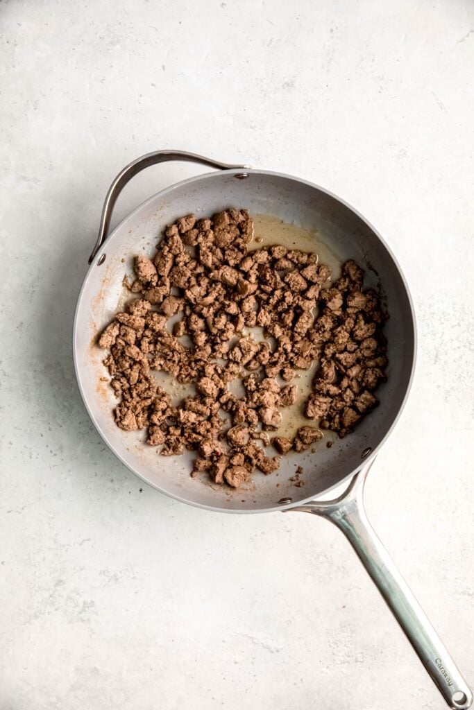 browned breakfast sausage in a skillet.