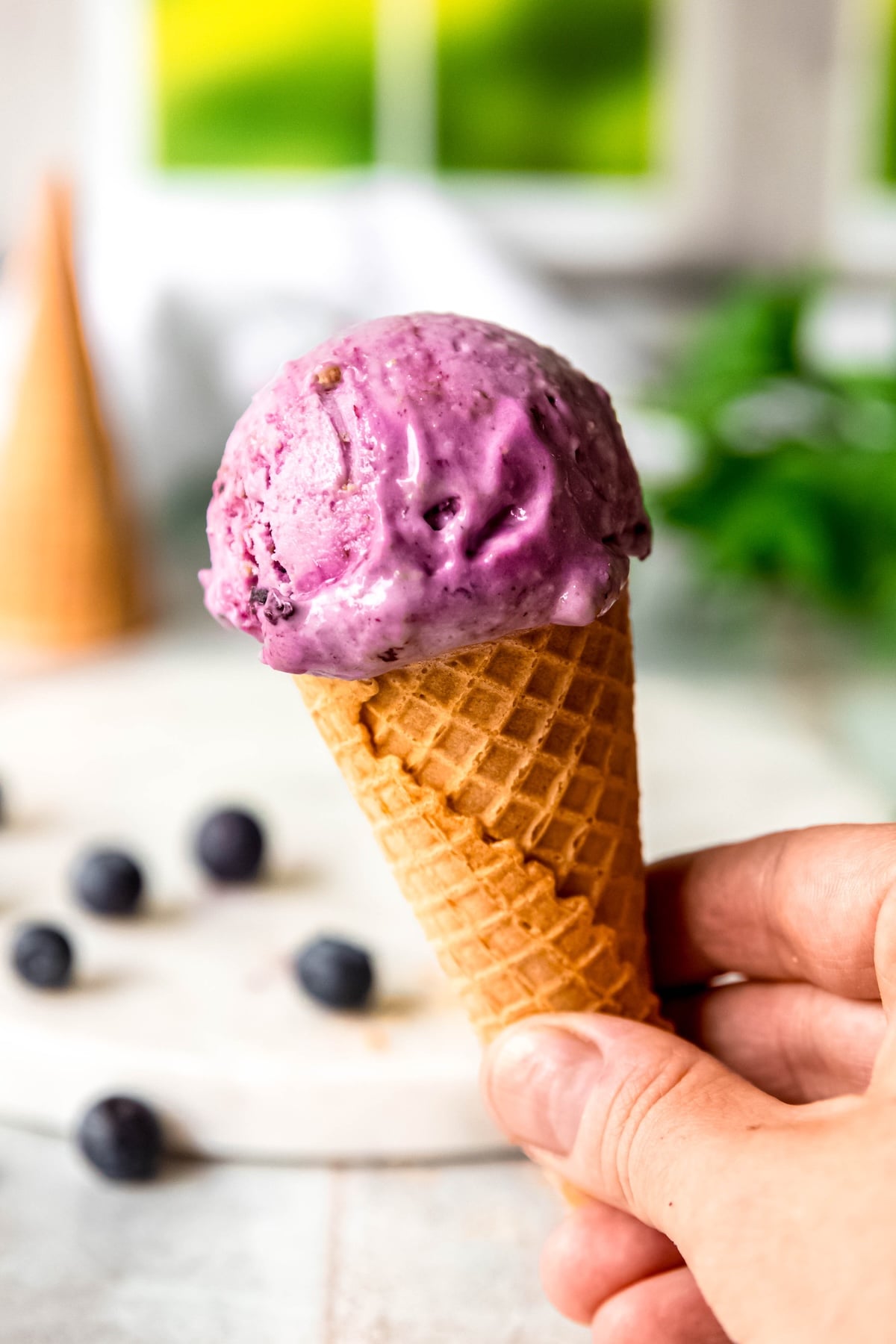 hand holding a cone with a scoop of blueberry cheesecake ice cream in front of a sunny window.