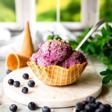 square hero image of a waffle cone bowl of blueberry cheesecake ice cream on a white table with fresh blueberries scattered around and a couple of cones in the background with a green houseplant.