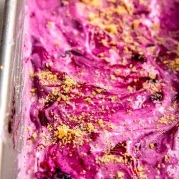 closeup shot of blueberry ice cream with a graham cracker swirl freezing in a loaf tin.