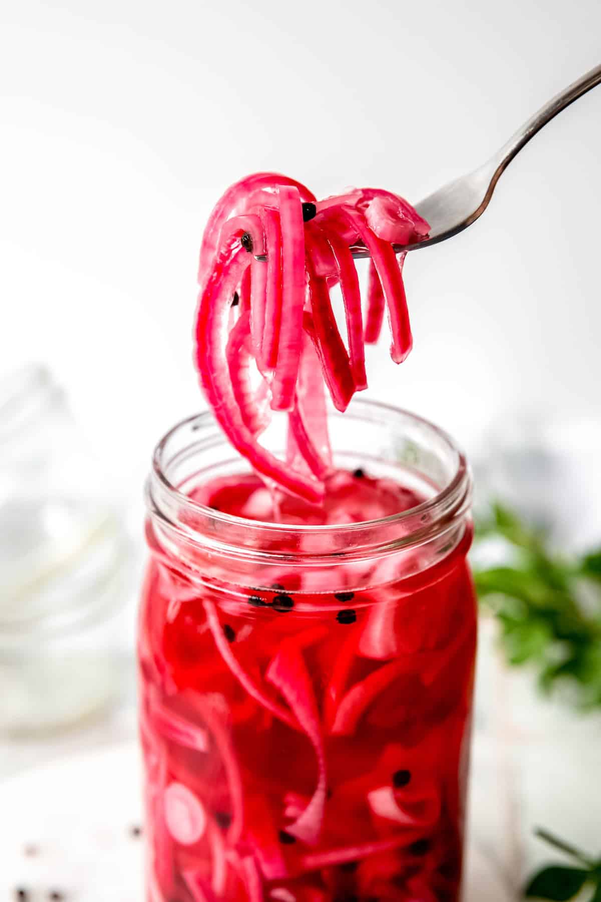 silver forkful of no cook quick pickled onions from the jar.