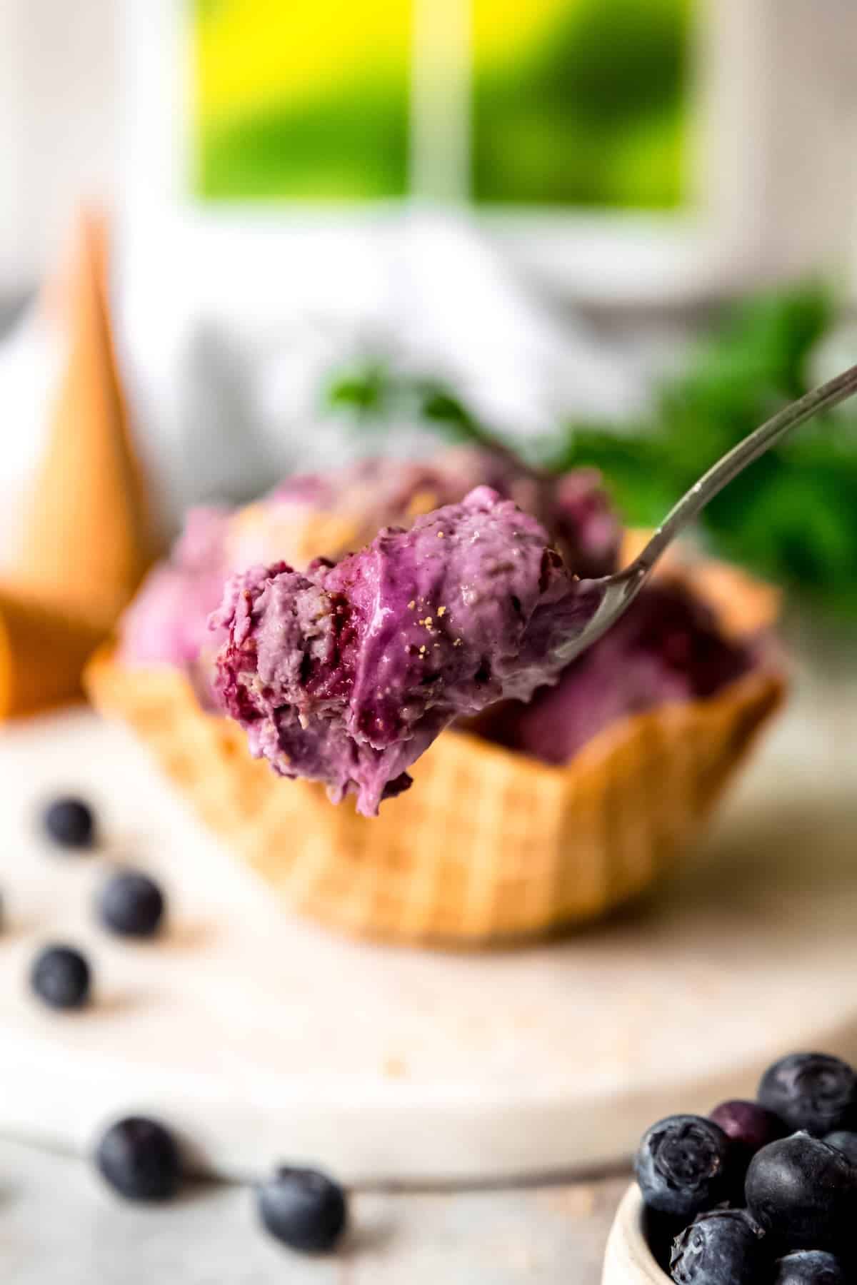 silver spoonful of homemade blueberry cheesecake ice cream with the waffle bowl blurred out in the background.