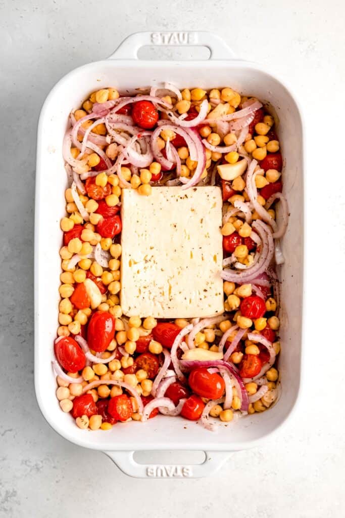 chickpeas added to the pan with the feta and tomatoes.