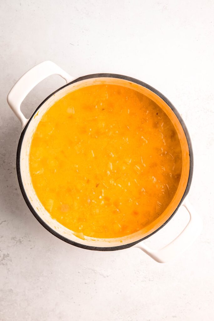 spicy butternut squash apple soup after simmering with the coconut milk, before puréeing.
