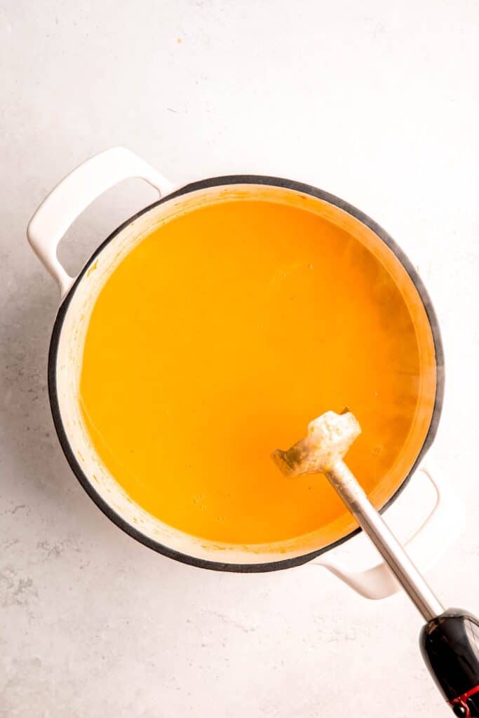 immersion blender removed from the pot after blending the soup until creamy and smooth.