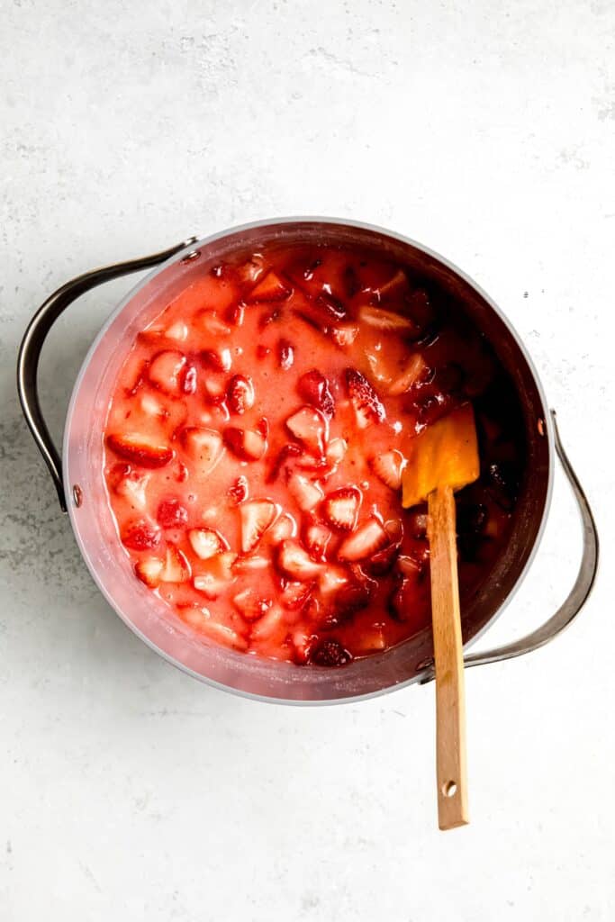 strawberry mixture after stirring the ingredients together before cooking.