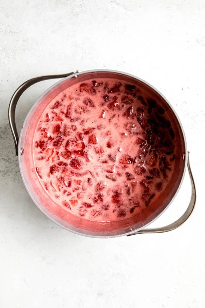 strawberry jam after boiling with pectin, before puréeing and canning.