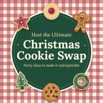 square hero graphic with a red gingham background, a green circle with different shapes of christmas cookies all around with the words "host the ultimate christmas cookie swap, party ideas to make it unforgettable."