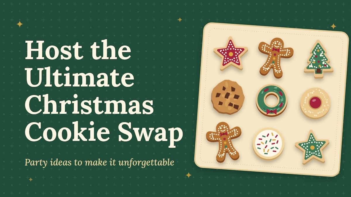 green horizontal graphic that says "host the ultimate christmas cookie swap, party ideas to make it unforgettable" with images of classic christmas cookies like gingerbread men and linzer cookies.