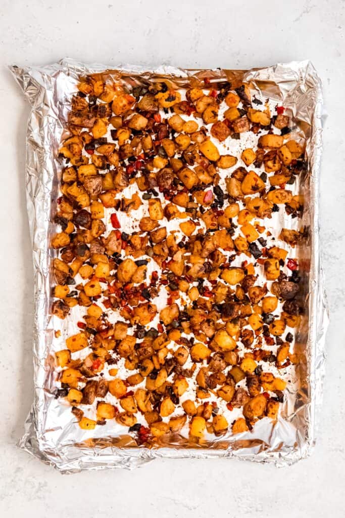 baked home fries on the sheet pan after roasting until golden brown.