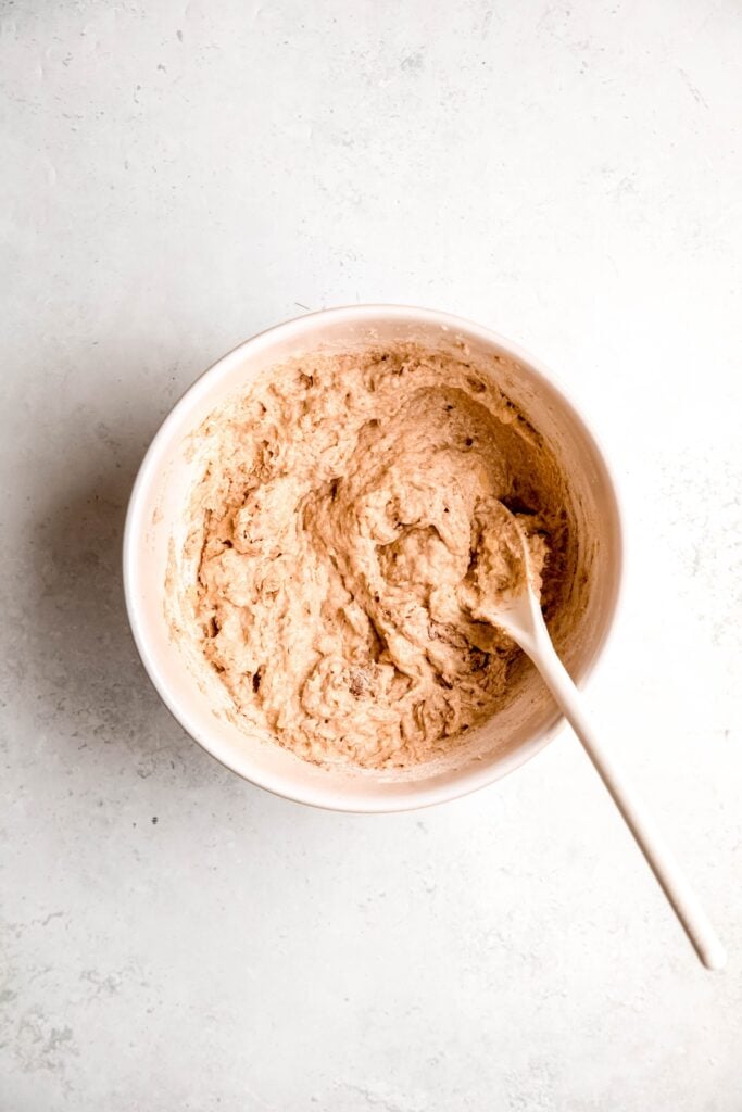 healthy banana muffin batter after adding flour.
