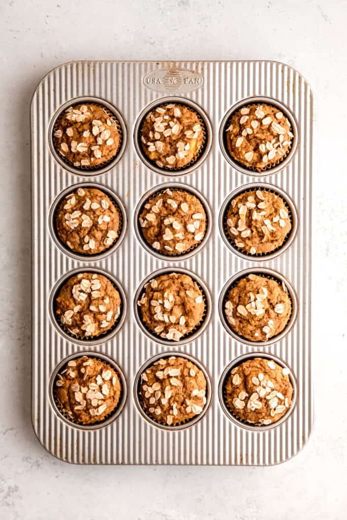 baked whole wheat banana muffins in the tin after baking.