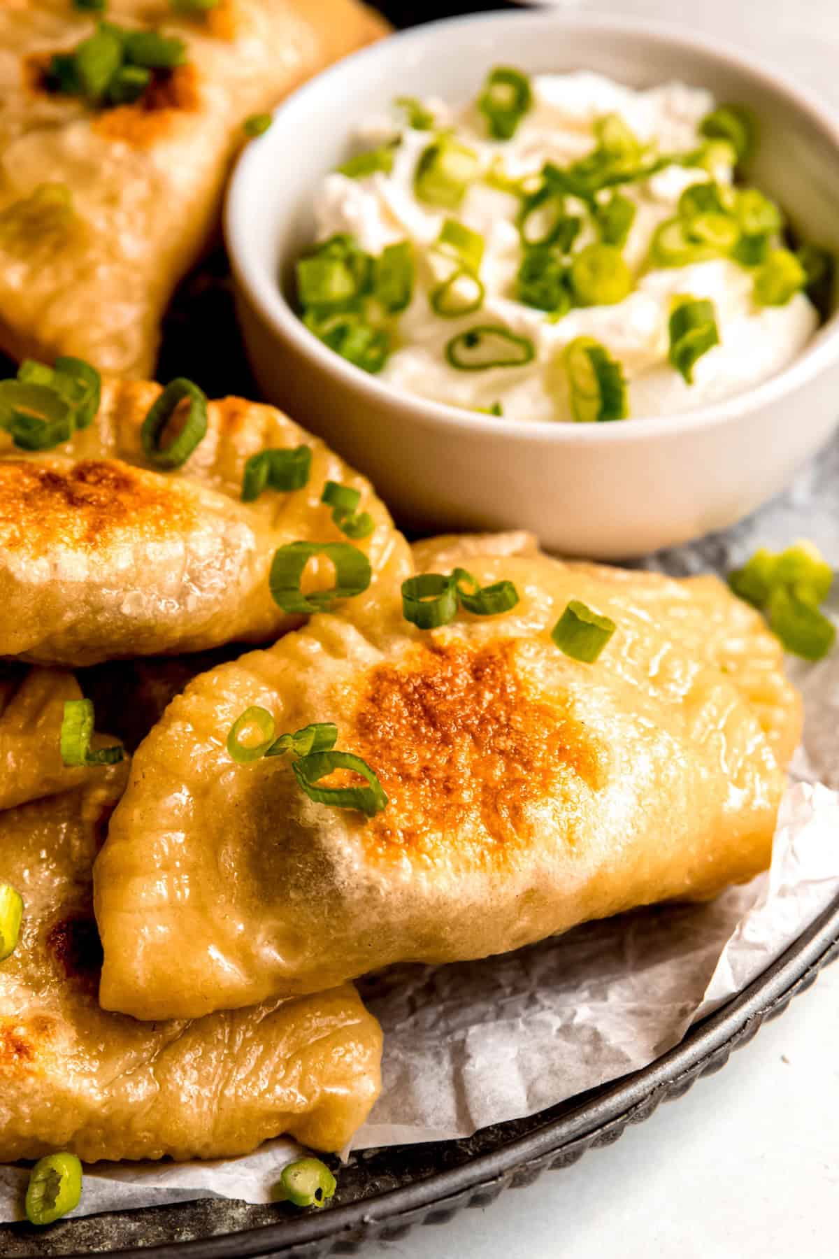 closeup shot of a pan fried potato cheddar cheese pierogi showing the gorgeous golden brown fry spot and the glistening, buttery dough.