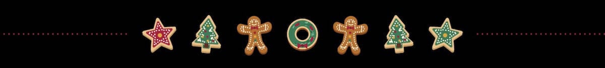 horizontal graphic of star, tree, gingerbread men, and wreath shaped sugar cookies on a black background with red dots.