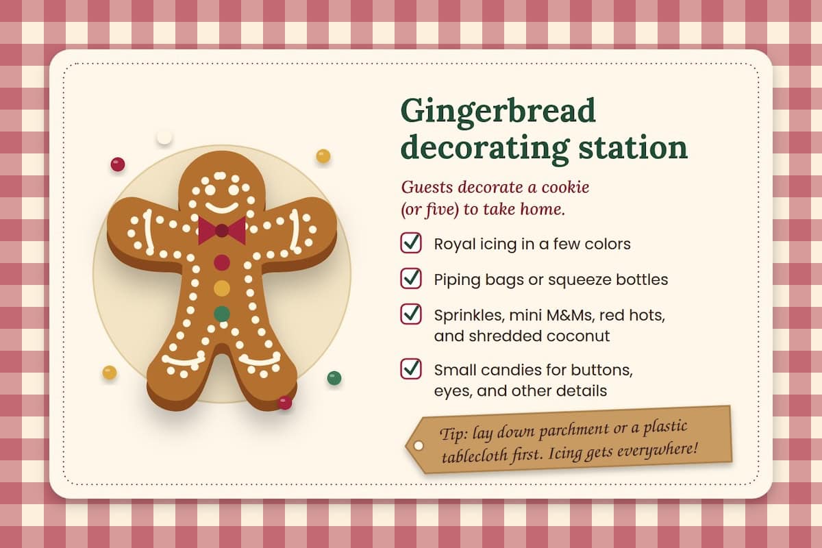 gingerbread decorating station graphic on a red gingham background with instructions for how to set up the station—royal icing in a few colors, piping bags or squeeze bottles, sprinkles, mini M&Ms, red hots and shredded coconut, small candies for buttons eyes and other details, lay down parchment or a plastic tablecloth first icing gets everywhere."